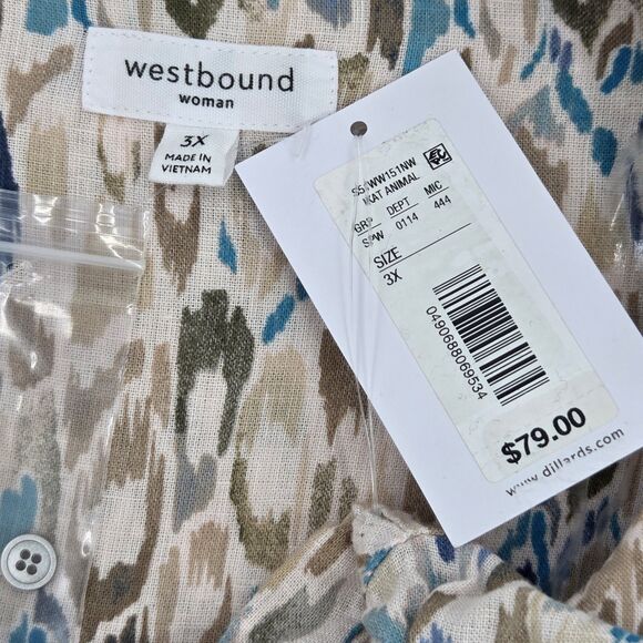 Westbound Button Up Down Blouse Shirt Womens 3X Ikat Animal Print Roll Tab Linen - Picture 4 of 8